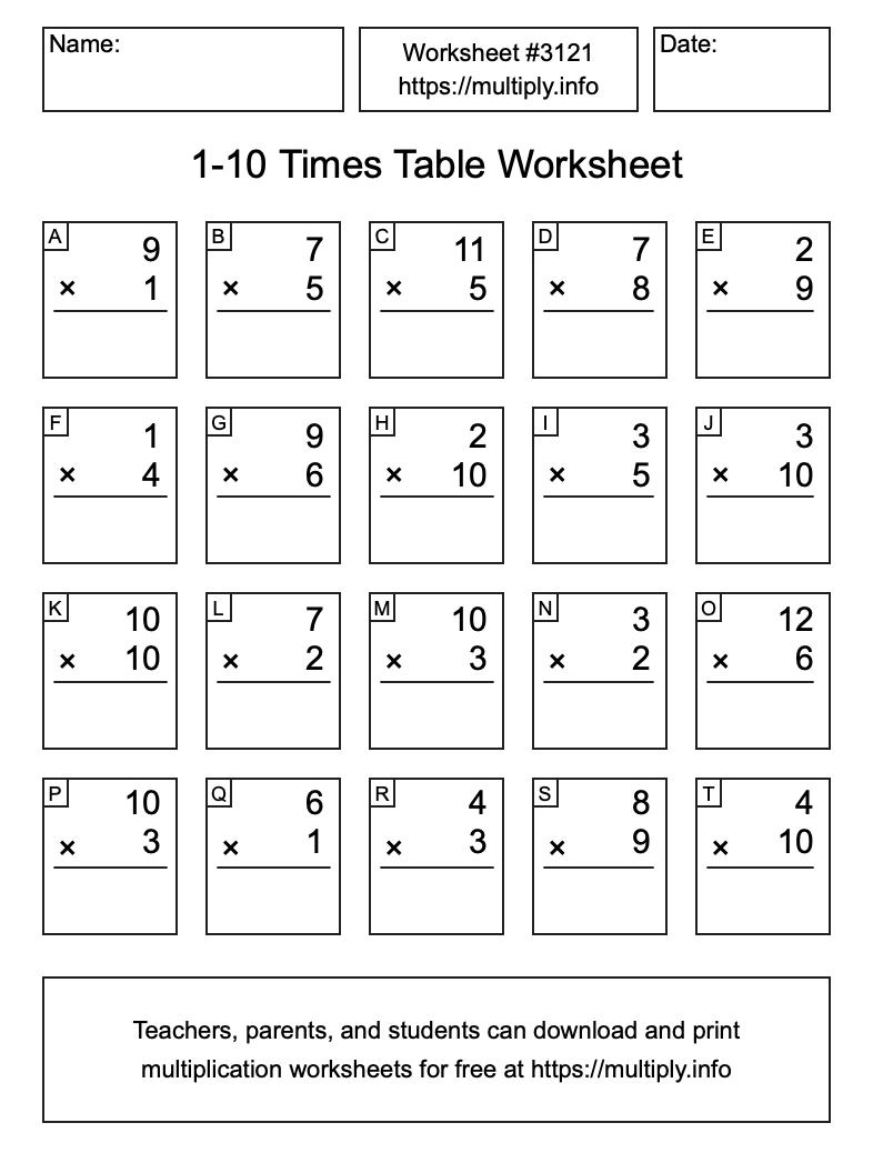 1 to 10 Times Table Worksheet #3121