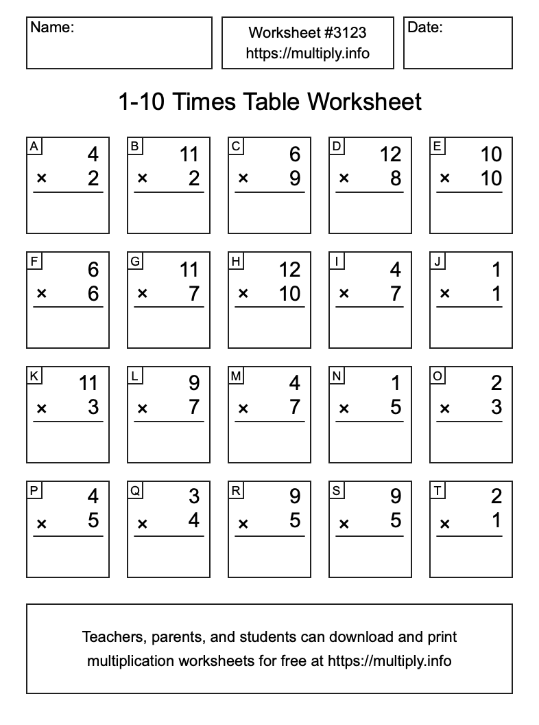1 to 10 Times Table Worksheet #3123