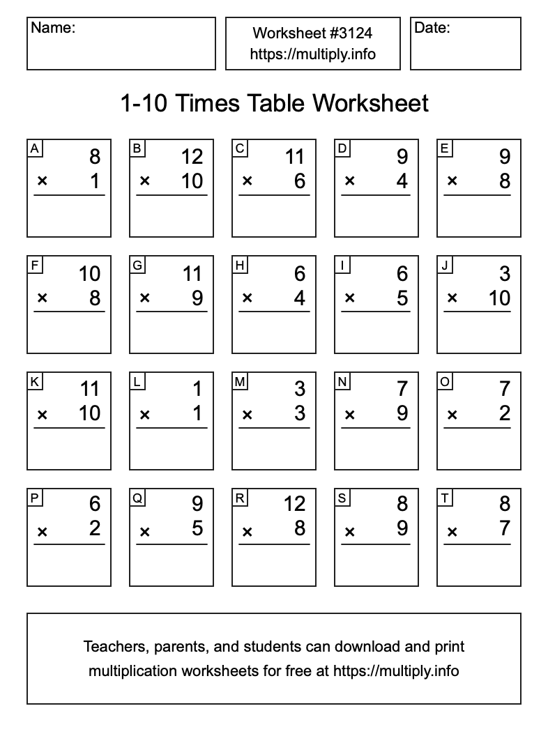 1 to 10 Times Table Worksheet #3124