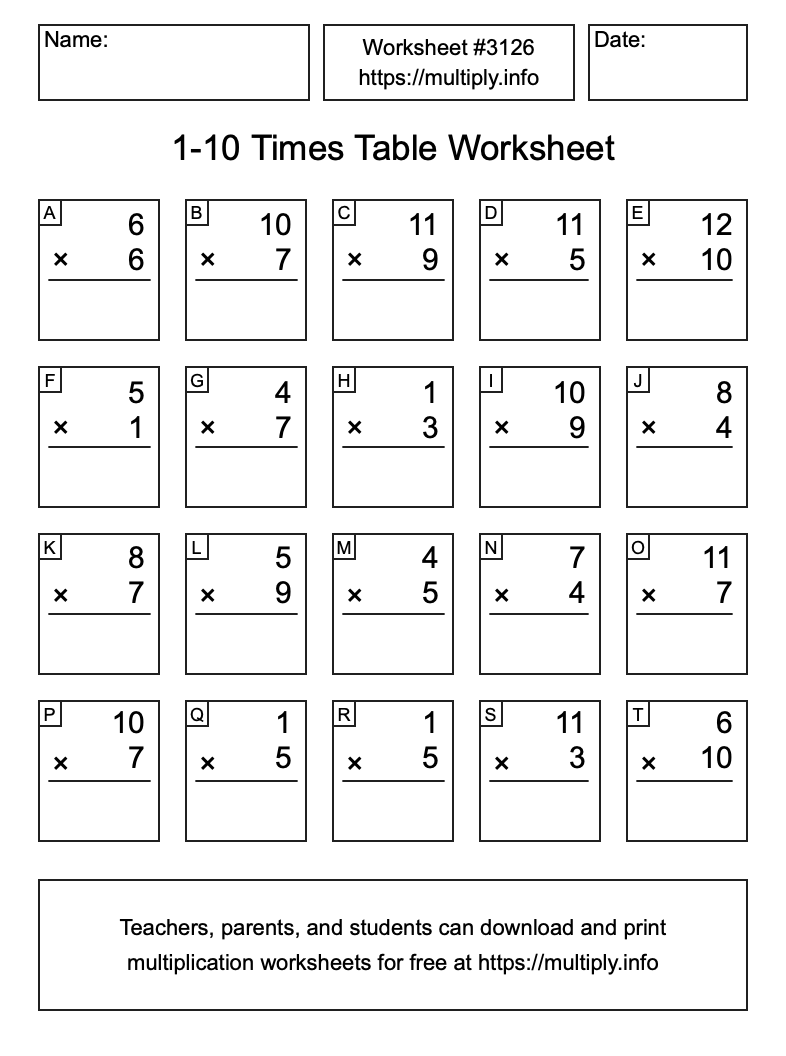 1 to 10 Times Table Worksheet #3126