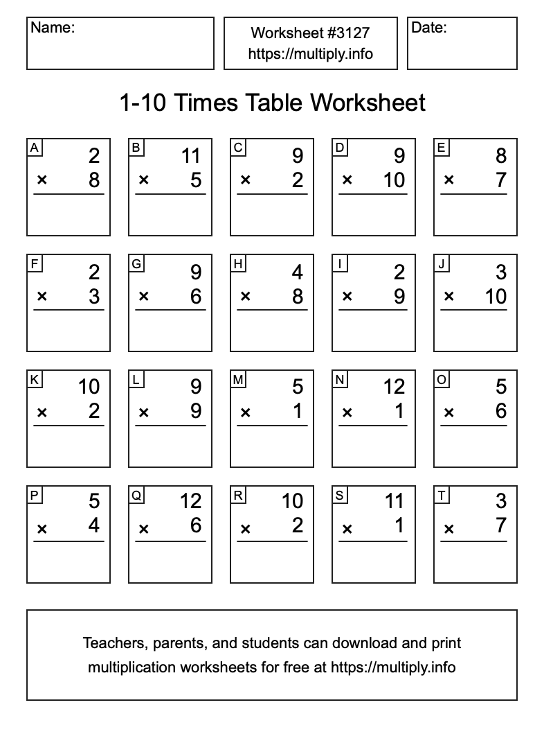 1 to 10 Times Table Worksheet #3127