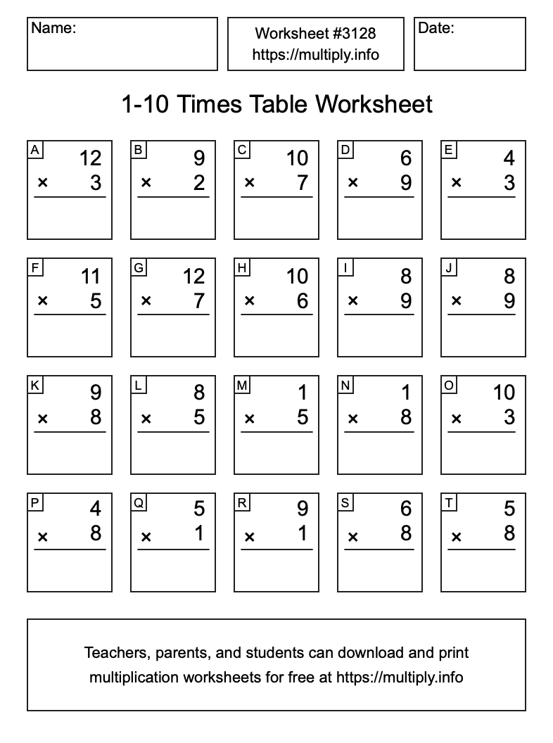 1 to 10 Times Table Worksheet #3128