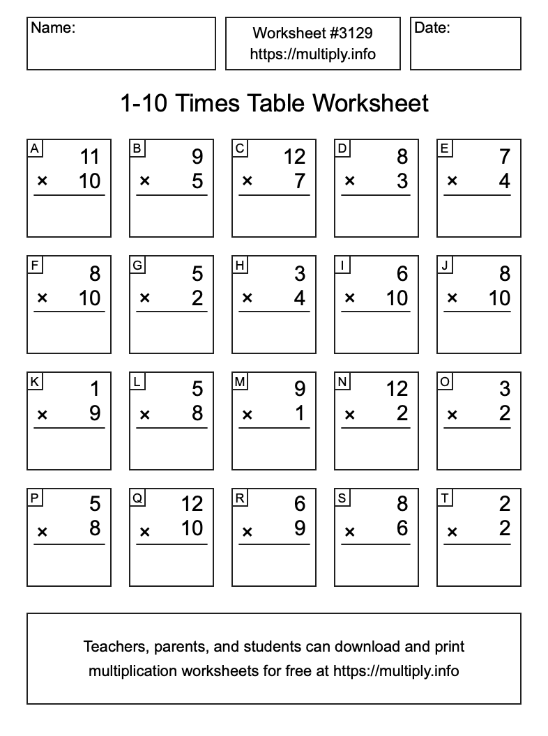 1 to 10 Times Table Worksheet #3129