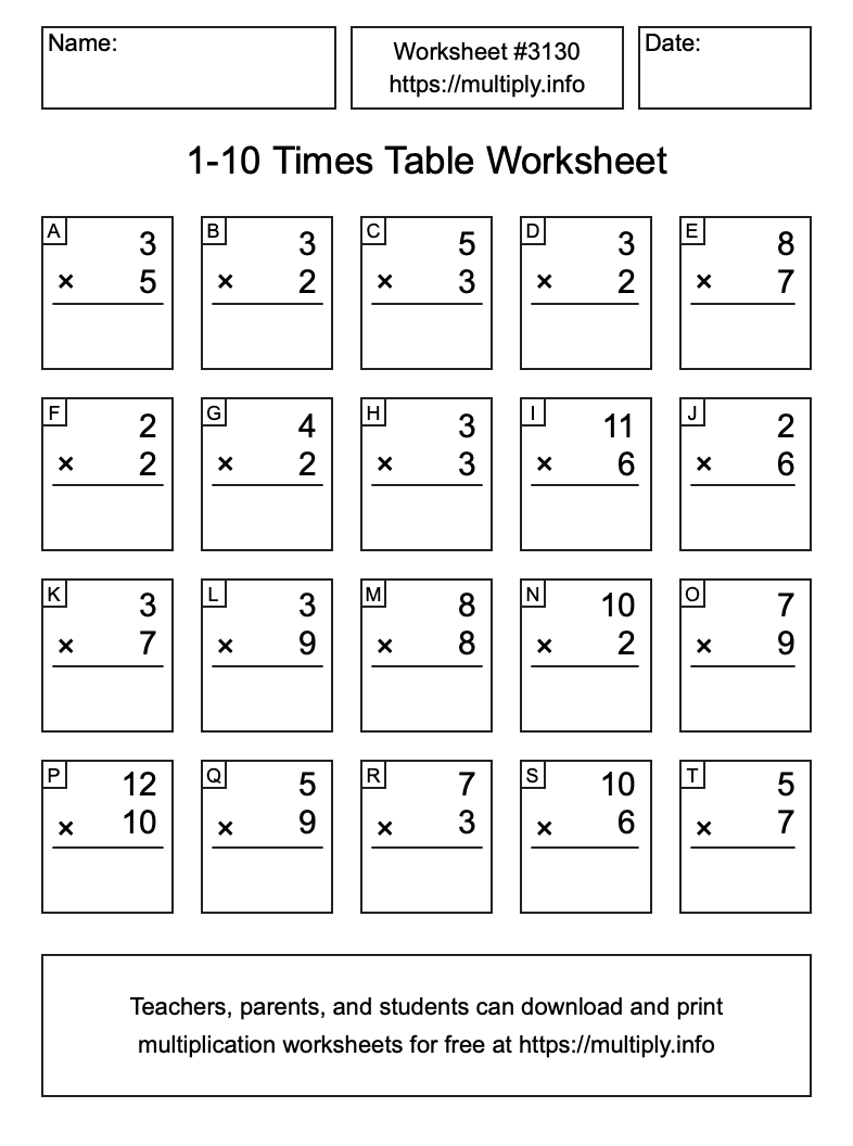 1 to 10 Times Table Worksheet #3130