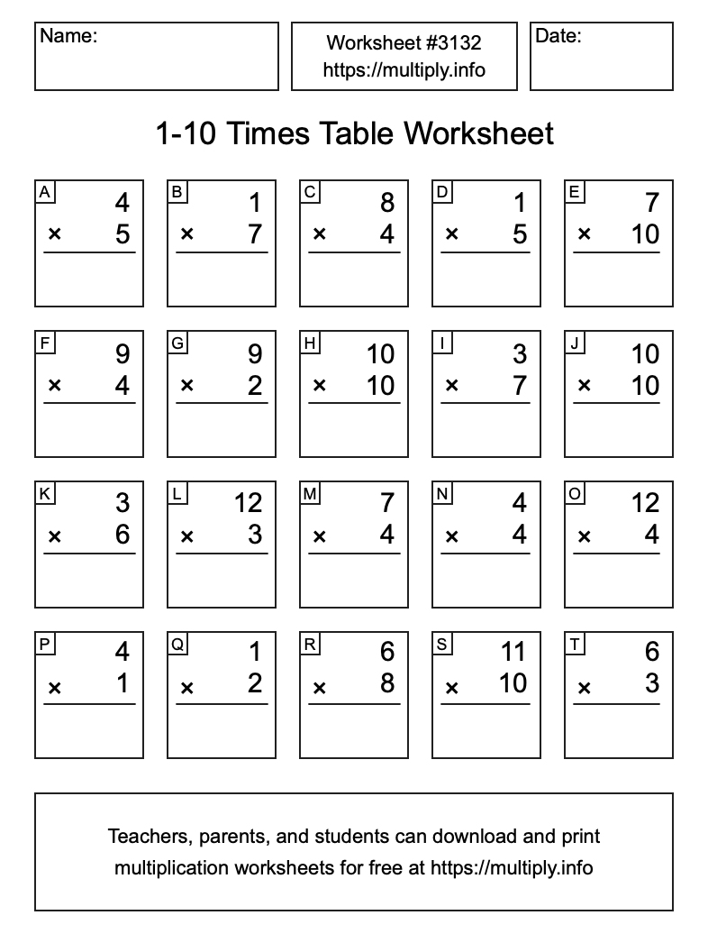 1 to 10 Times Table Worksheet #3132