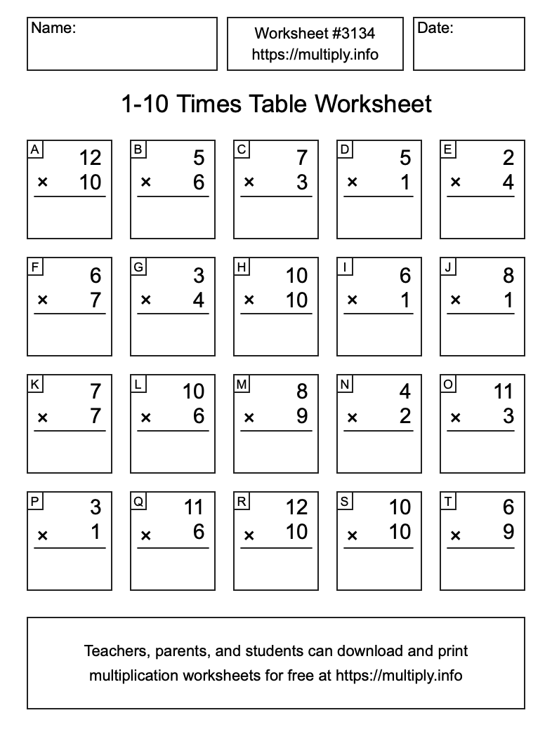 1 to 10 Times Table Worksheet #3134