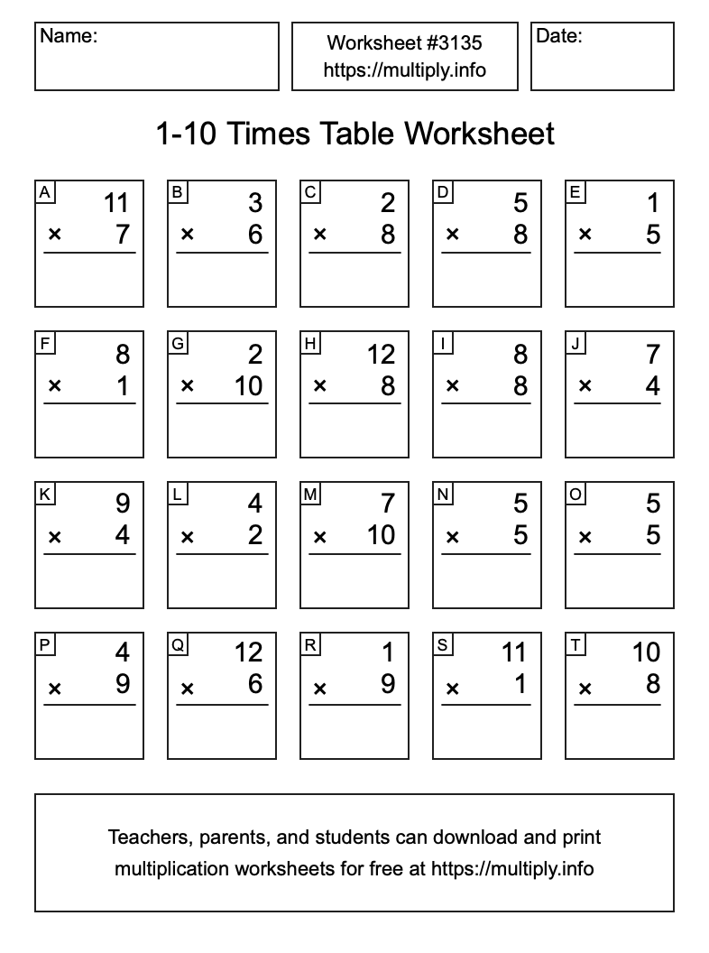 1 to 10 Times Table Worksheet #3135