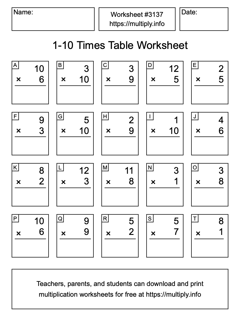 1 to 10 Times Table Worksheet #3137