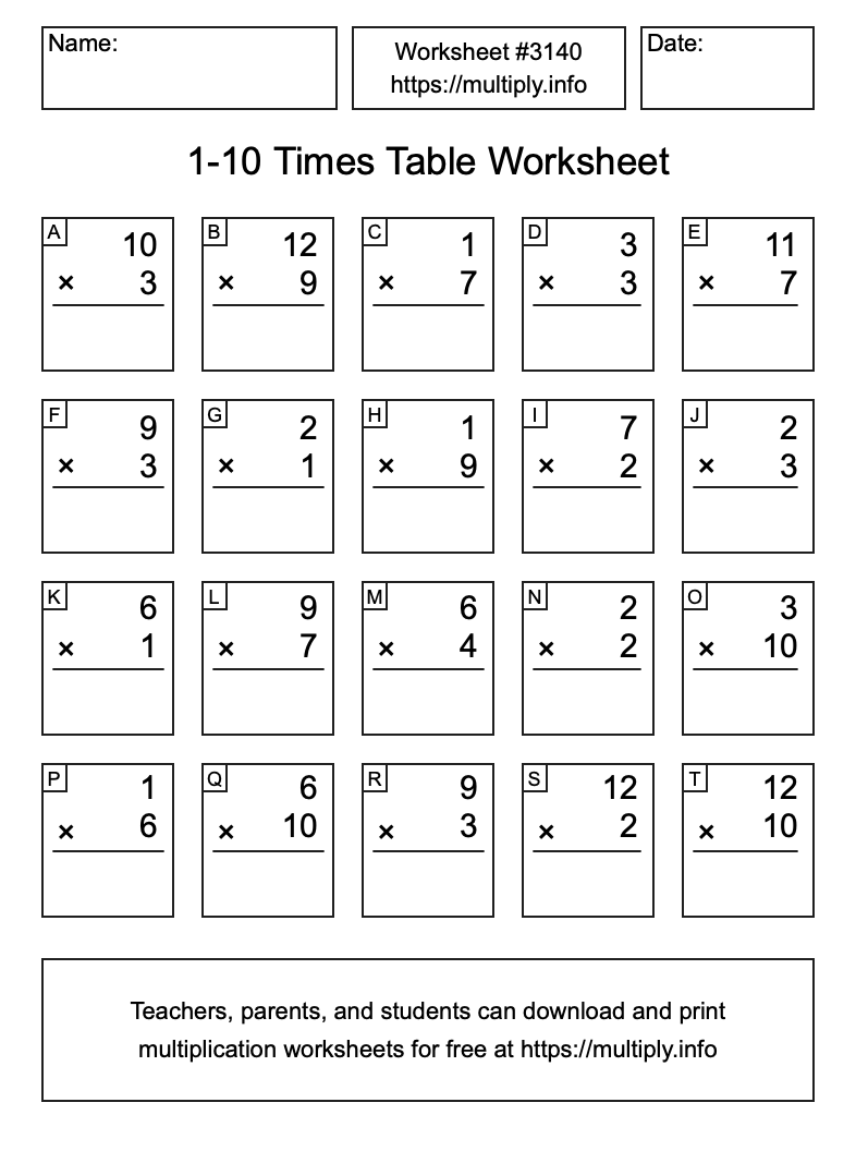 1 to 10 Times Table Worksheet #3140