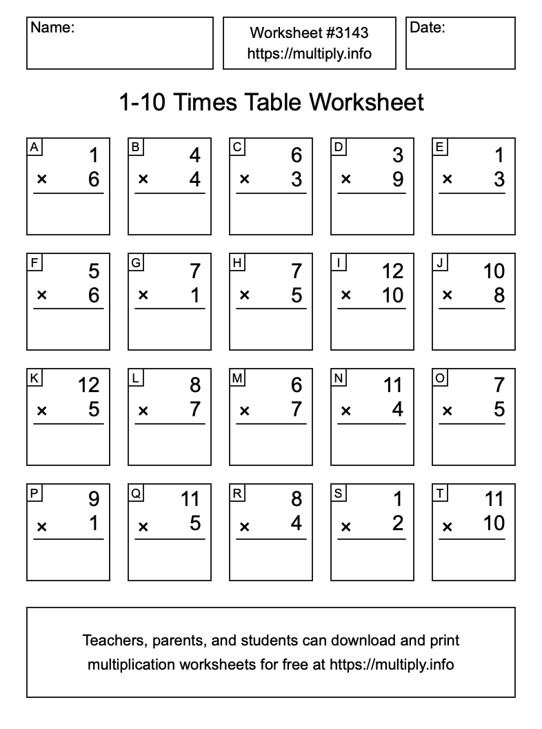 1 to 10 Times Table Worksheet #3143