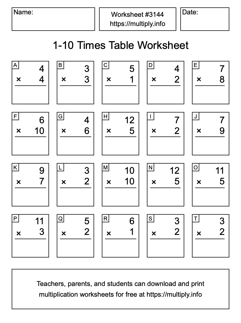 1 to 10 Times Table Worksheet #3144