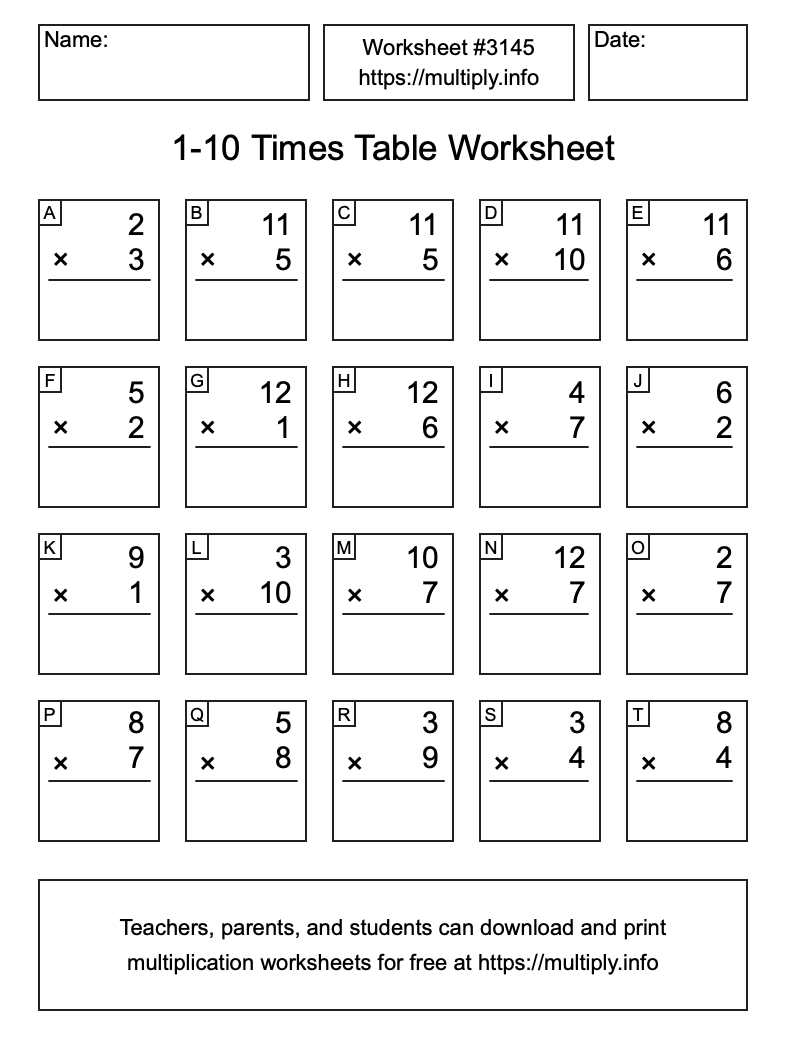 1 to 10 Times Table Worksheet #3145