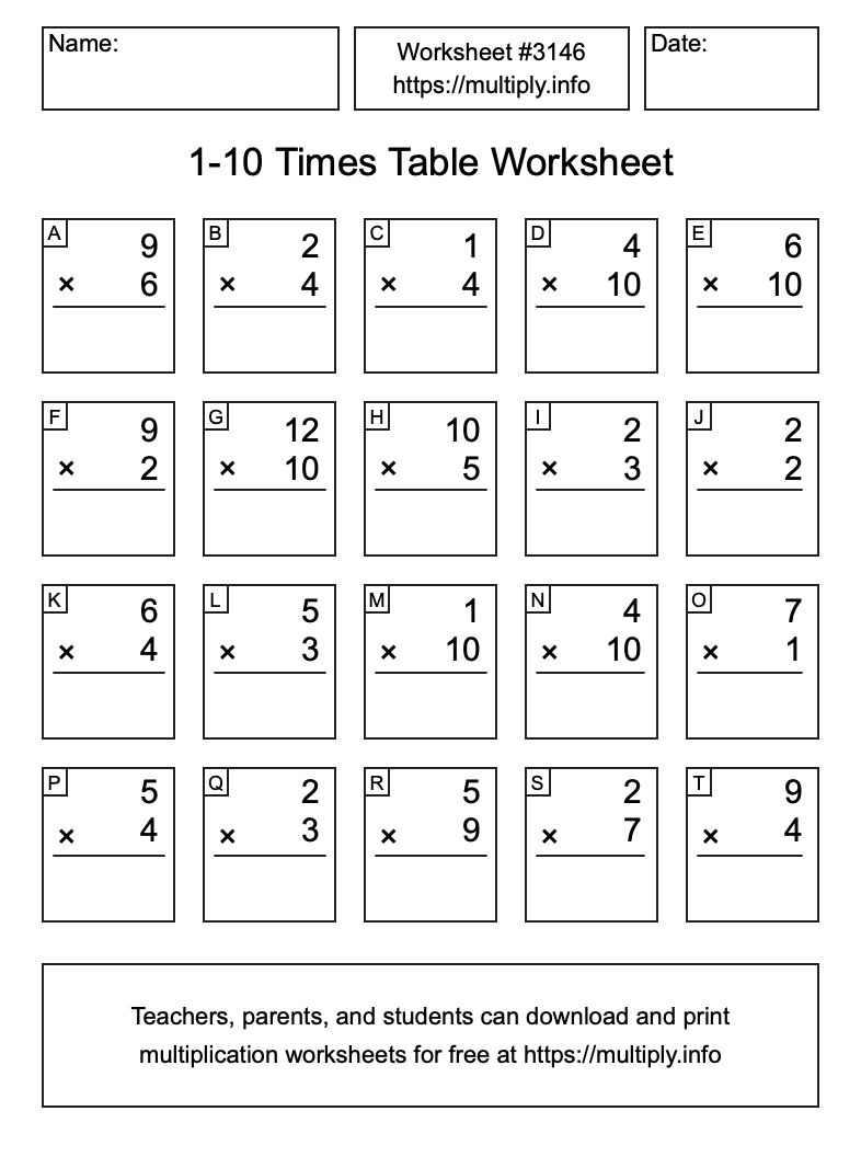 1 to 10 Times Table Worksheet #3146