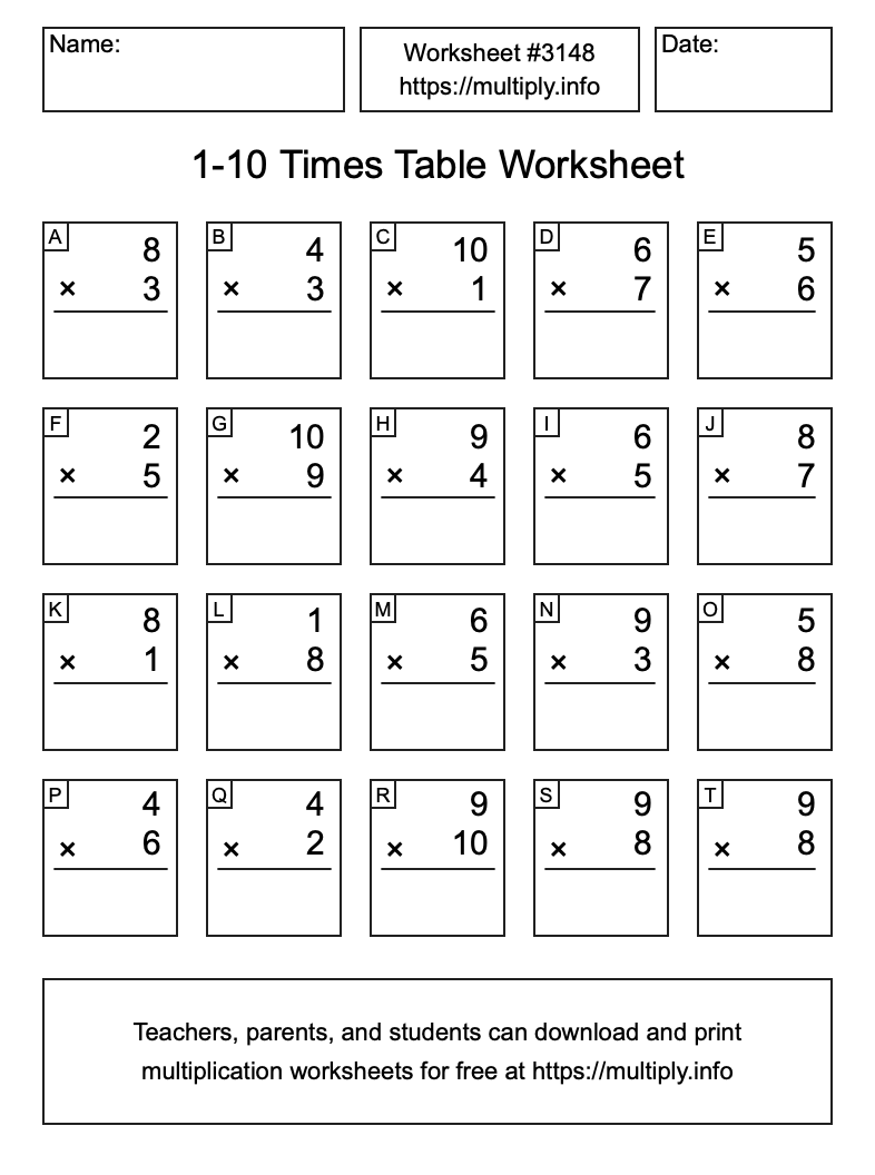 1 to 10 Times Table Worksheet #3148