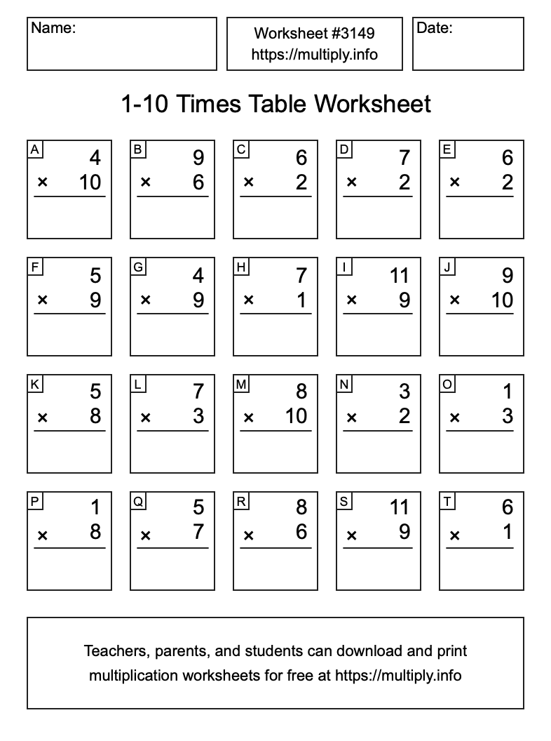 1 to 10 Times Table Worksheet #3149