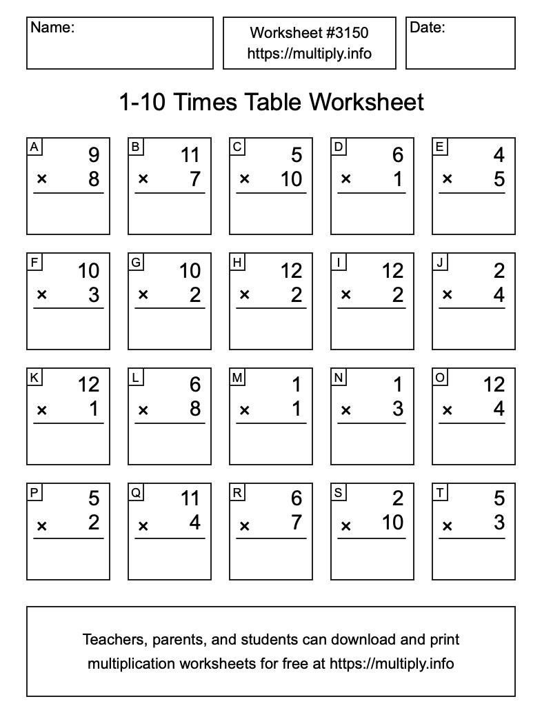 1 to 10 Times Table Worksheet #3150