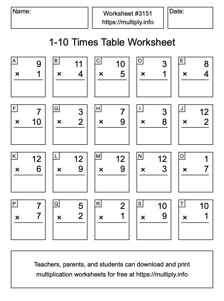 1 to 10 Times Table Worksheet #3151