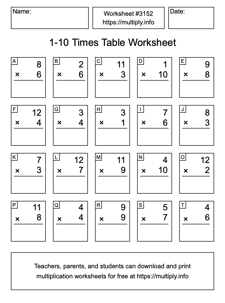 1 to 10 Times Table Worksheet #3152