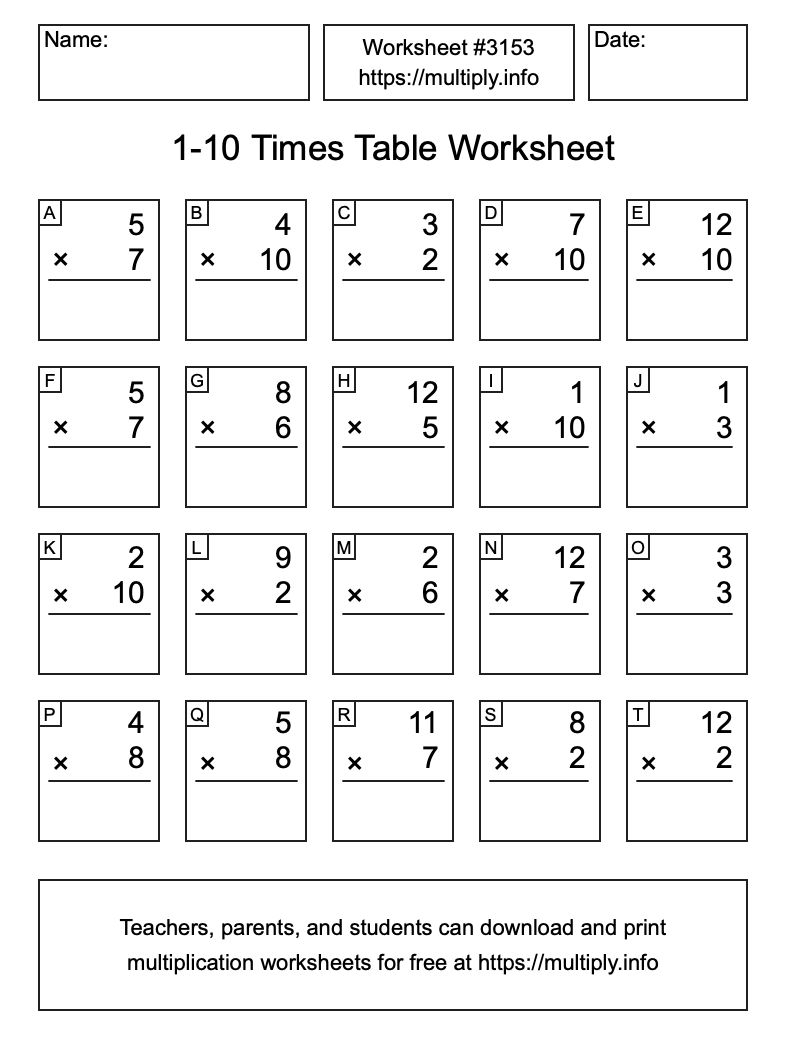 1 to 10 Times Table Worksheet #3153