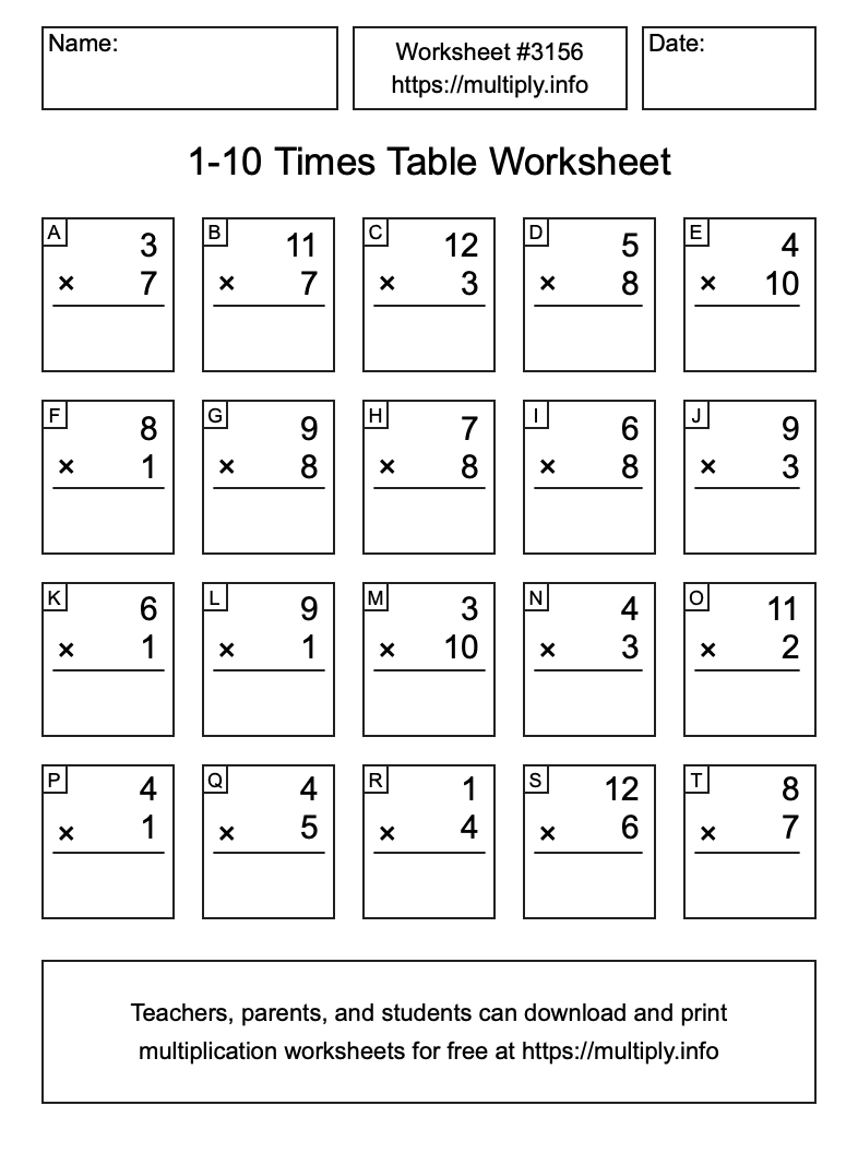 1 to 10 Times Table Worksheet #3156