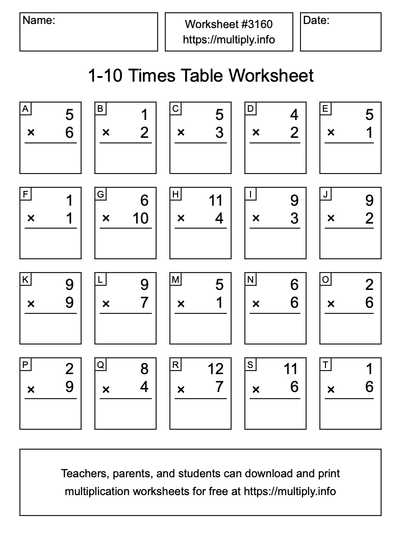 1 to 10 Times Table Worksheet #3160