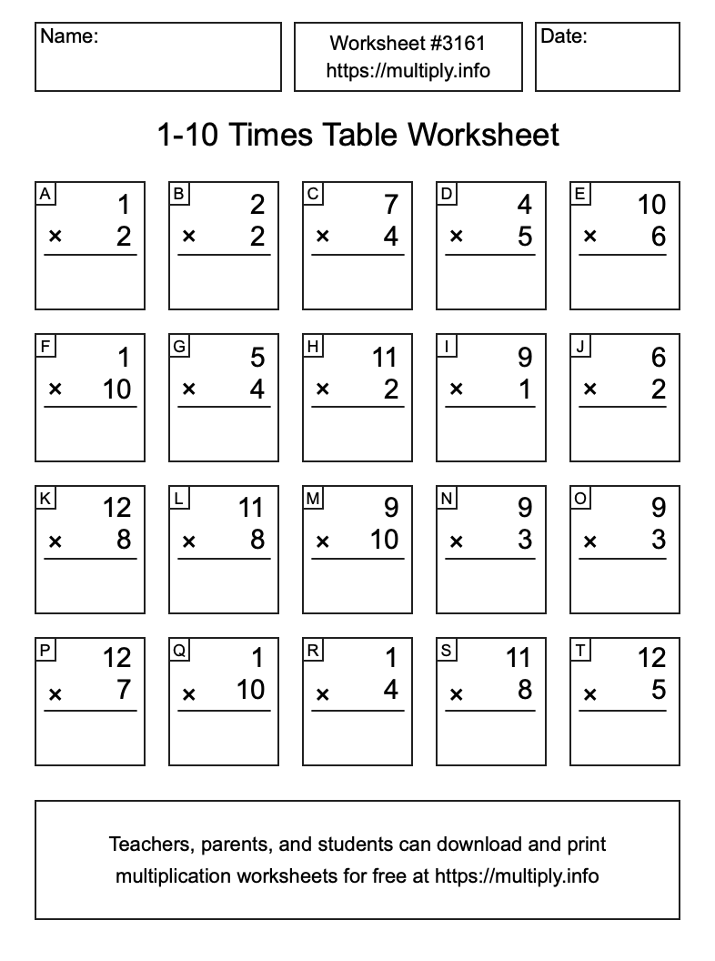 1 to 10 Times Table Worksheet #3161