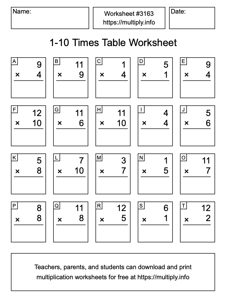 1 to 10 Times Table Worksheet #3163