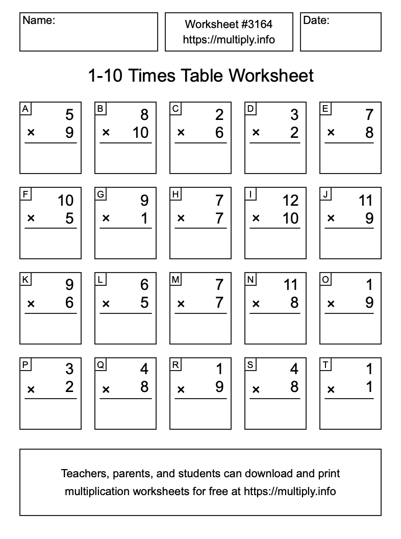 1 to 10 Times Table Worksheet #3164