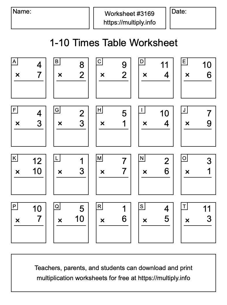 1 to 10 Times Table Worksheet #3169