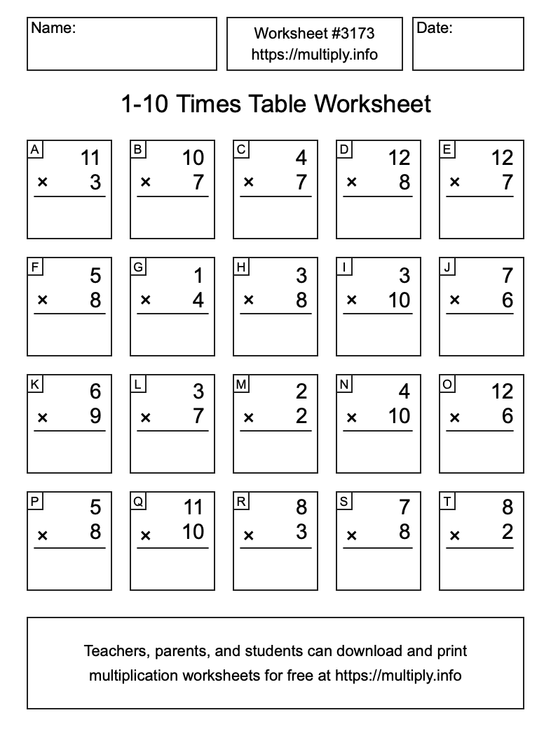 1 to 10 Times Table Worksheet #3173