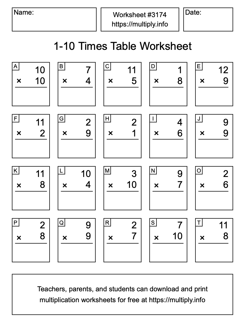 1 to 10 Times Table Worksheet #3174