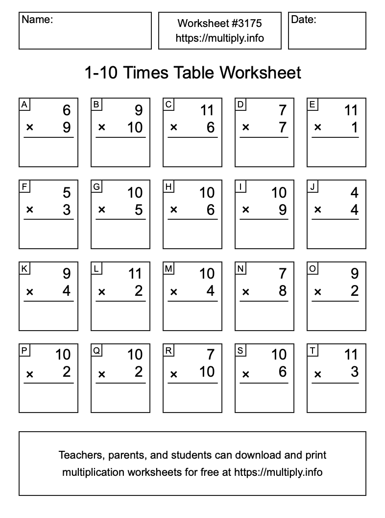 1 to 10 Times Table Worksheet #3175