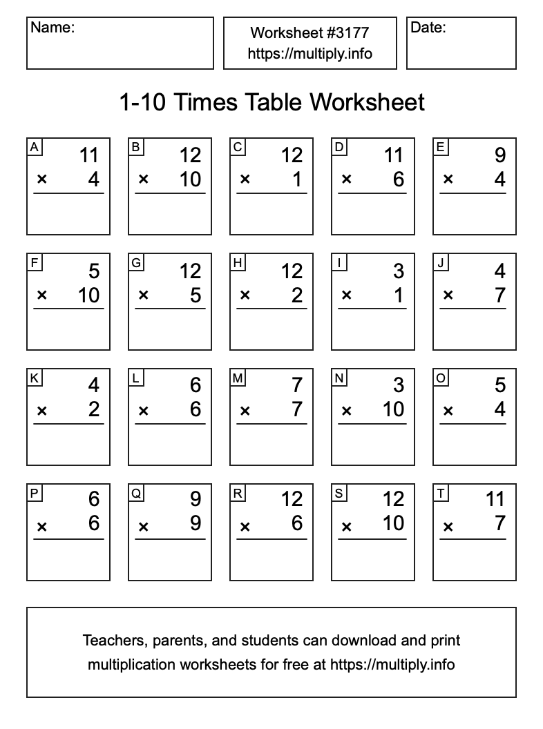 1 to 10 Times Table Worksheet #3177