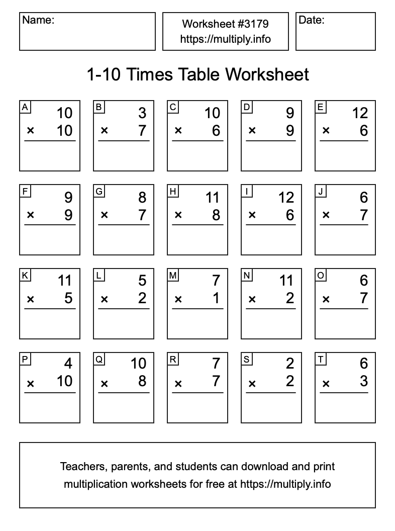 1 to 10 Times Table Worksheet #3179