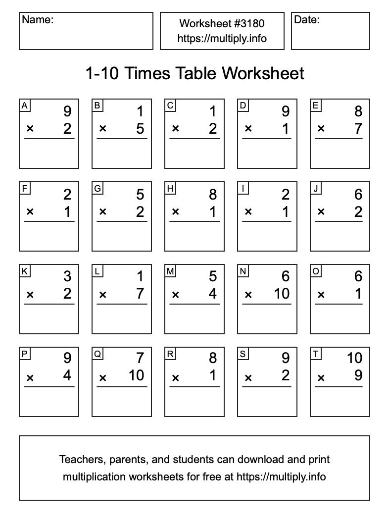 1 to 10 Times Table Worksheet #3180