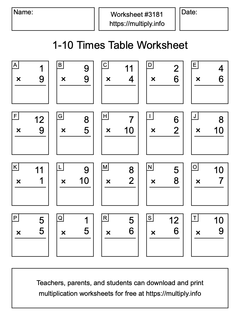 1 to 10 Times Table Worksheet #3181