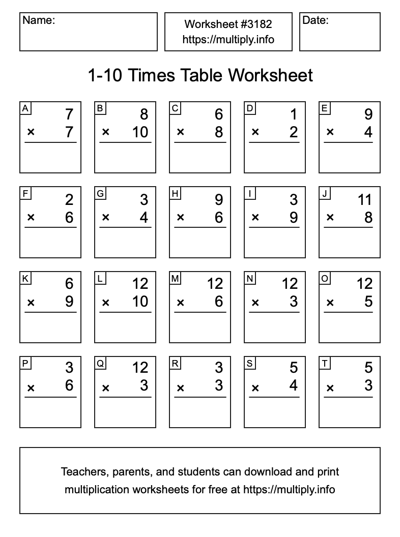 1 to 10 Times Table Worksheet #3182