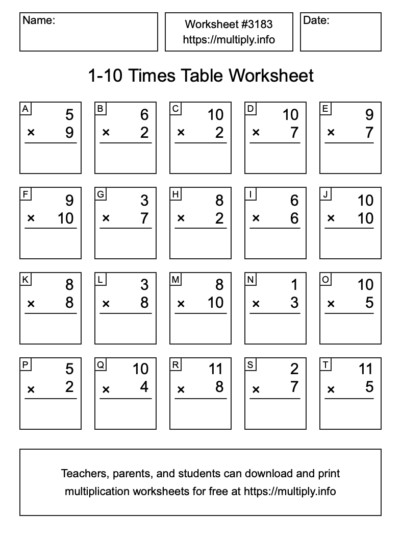 1 to 10 Times Table Worksheet #3183
