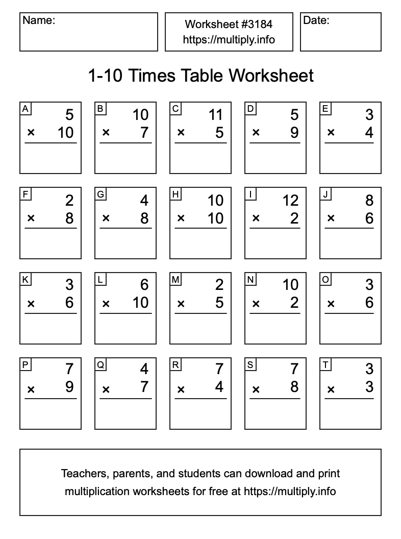 1 to 10 Times Table Worksheet #3184