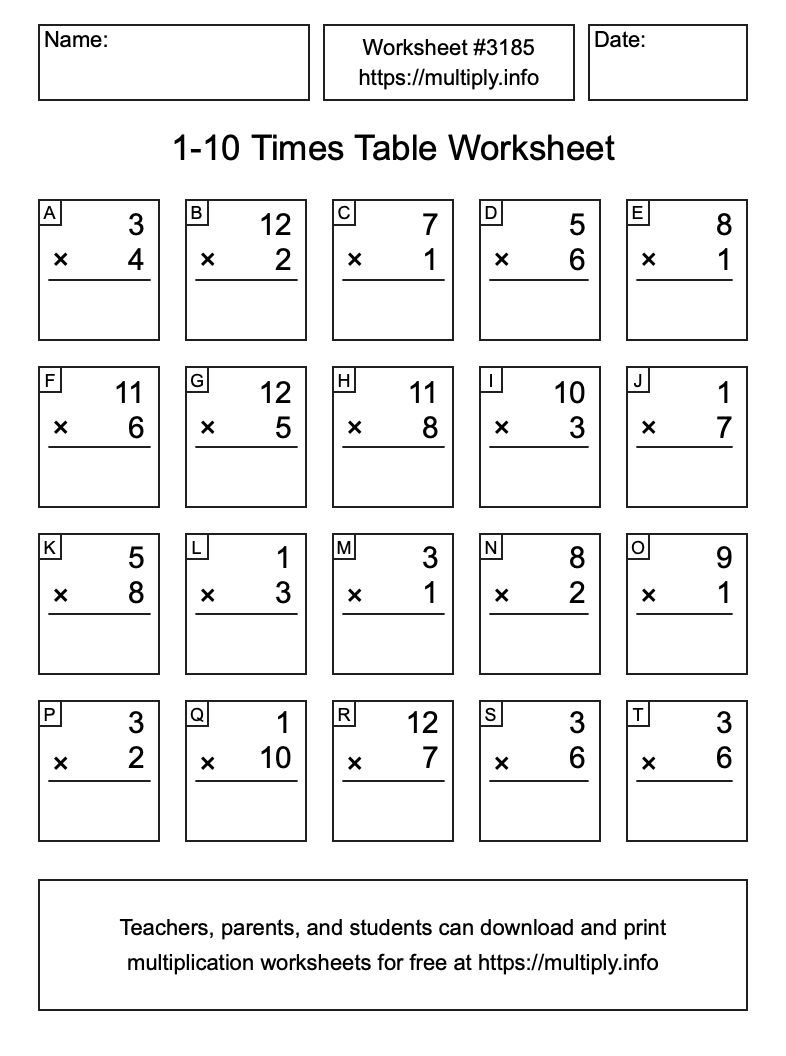 1 to 10 Times Table Worksheet #3185