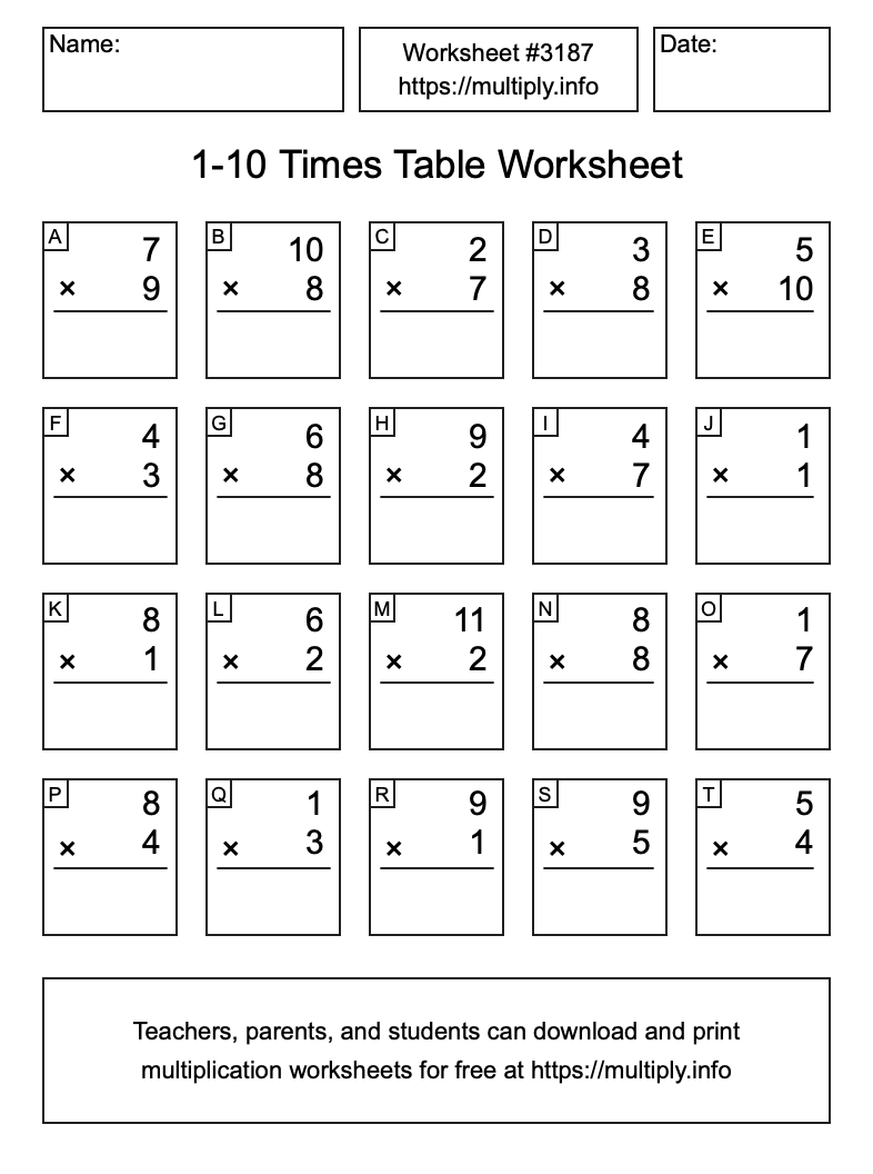 1 to 10 Times Table Worksheet #3187