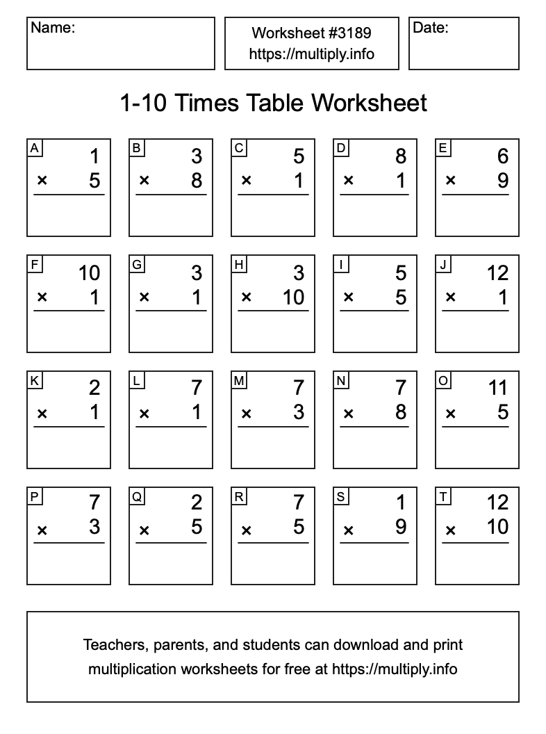 1 to 10 Times Table Worksheet #3189