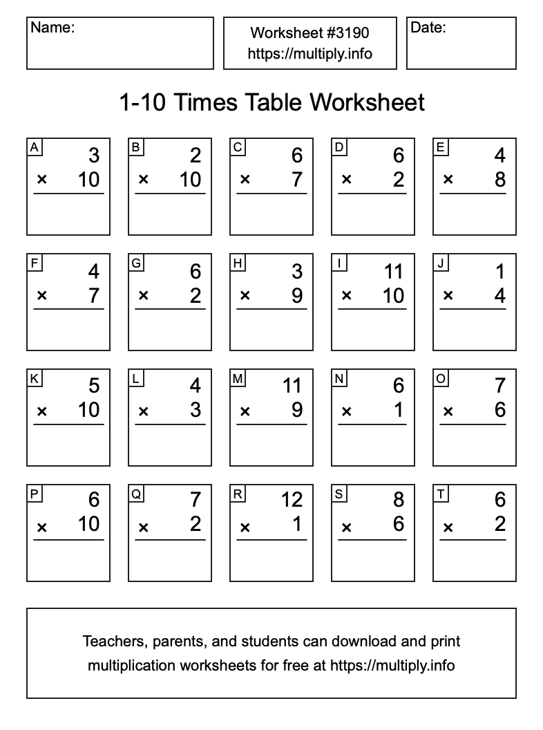 1 to 10 Times Table Worksheet #3190