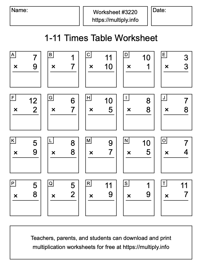 1 to 11 Times Table Worksheet #3220