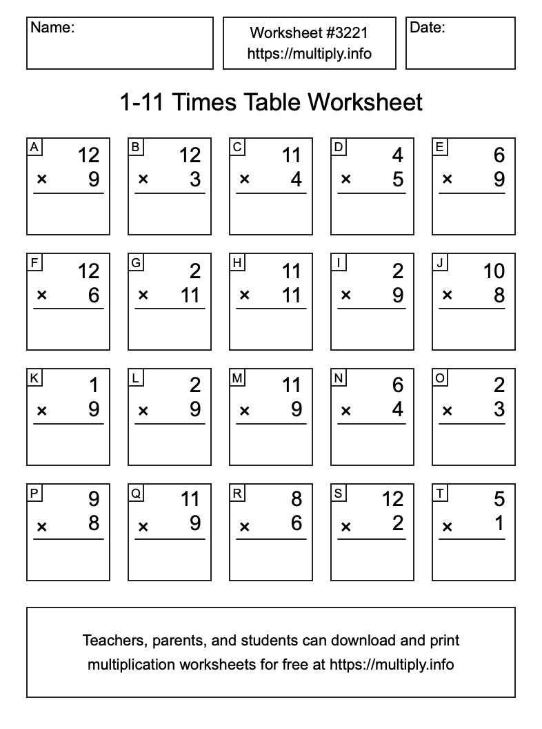 1 to 11 Times Table Worksheet #3221