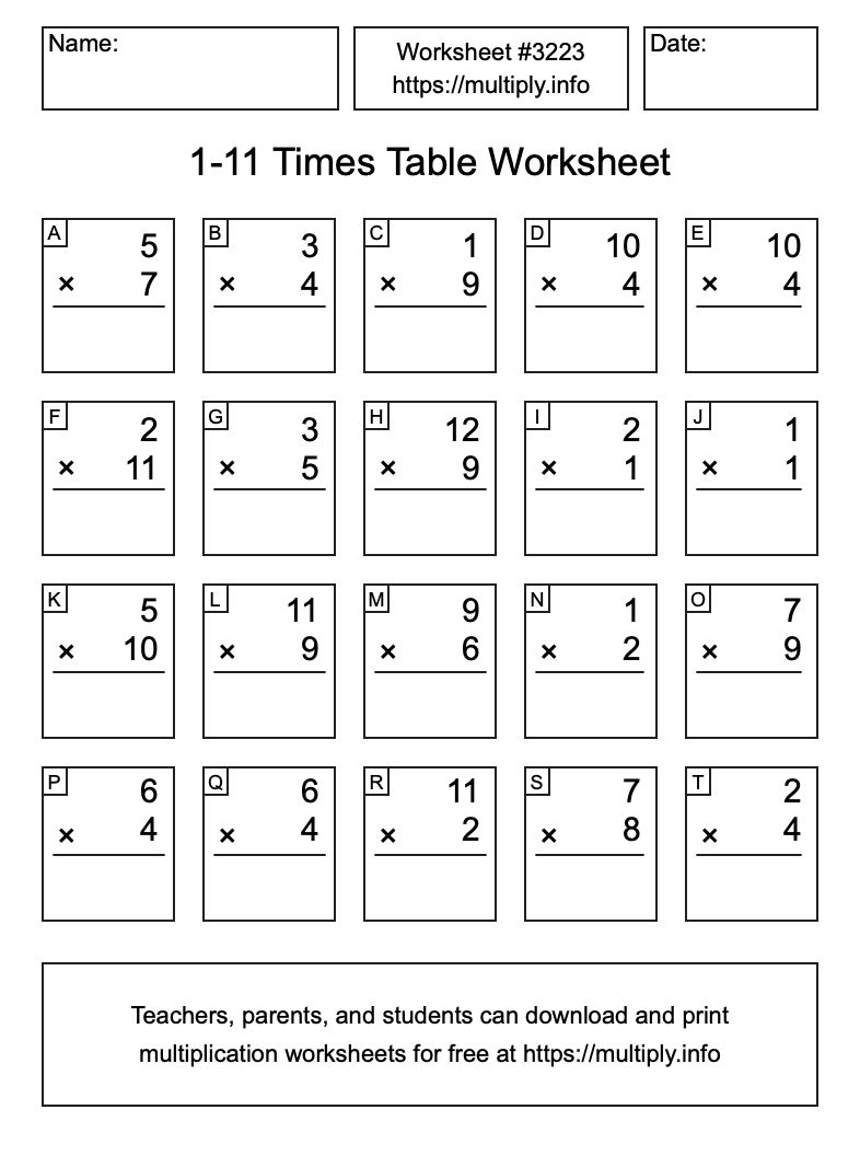 1 to 11 Times Table Worksheet #3223