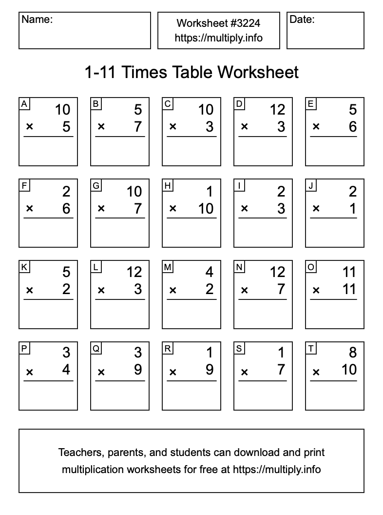 1 to 11 Times Table Worksheet #3224