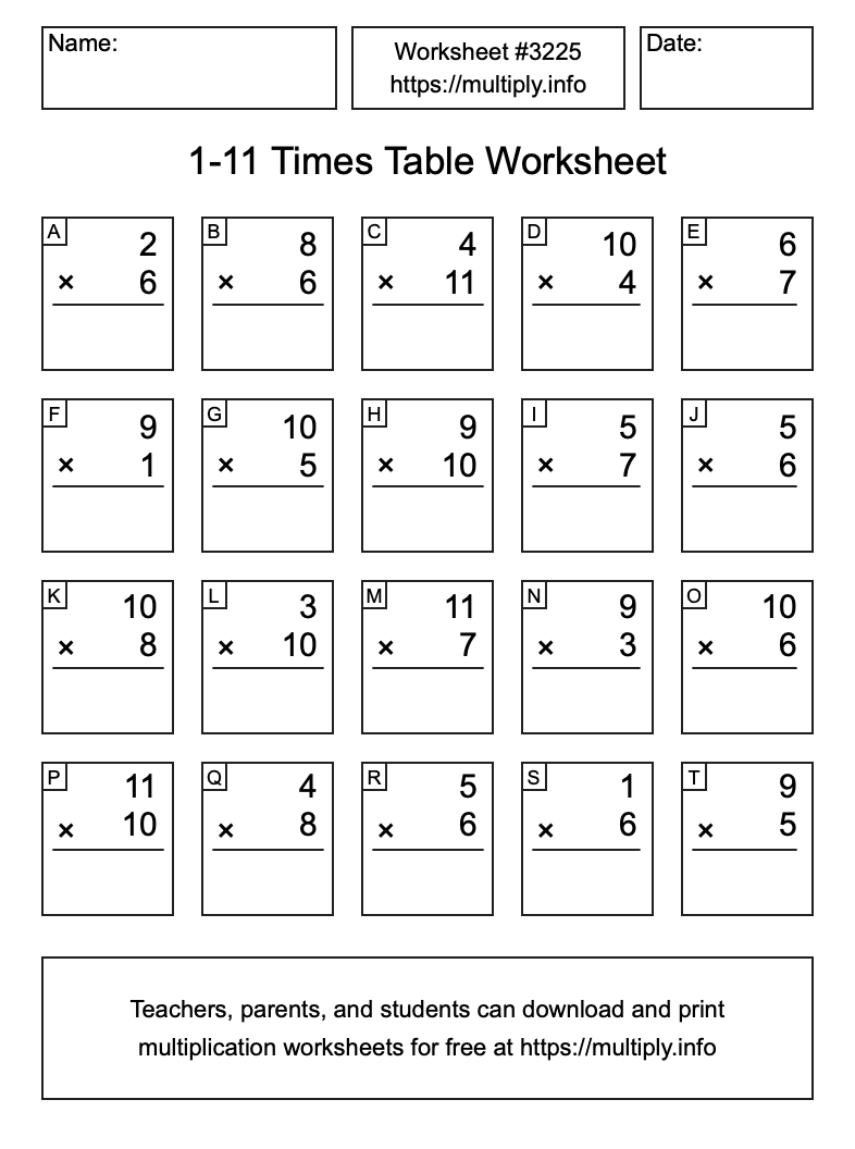 1 to 11 Times Table Worksheet #3225