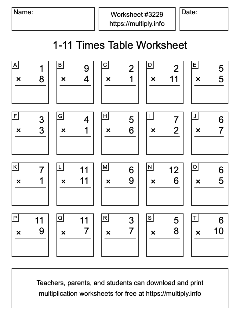 1 to 11 Times Table Worksheet #3229