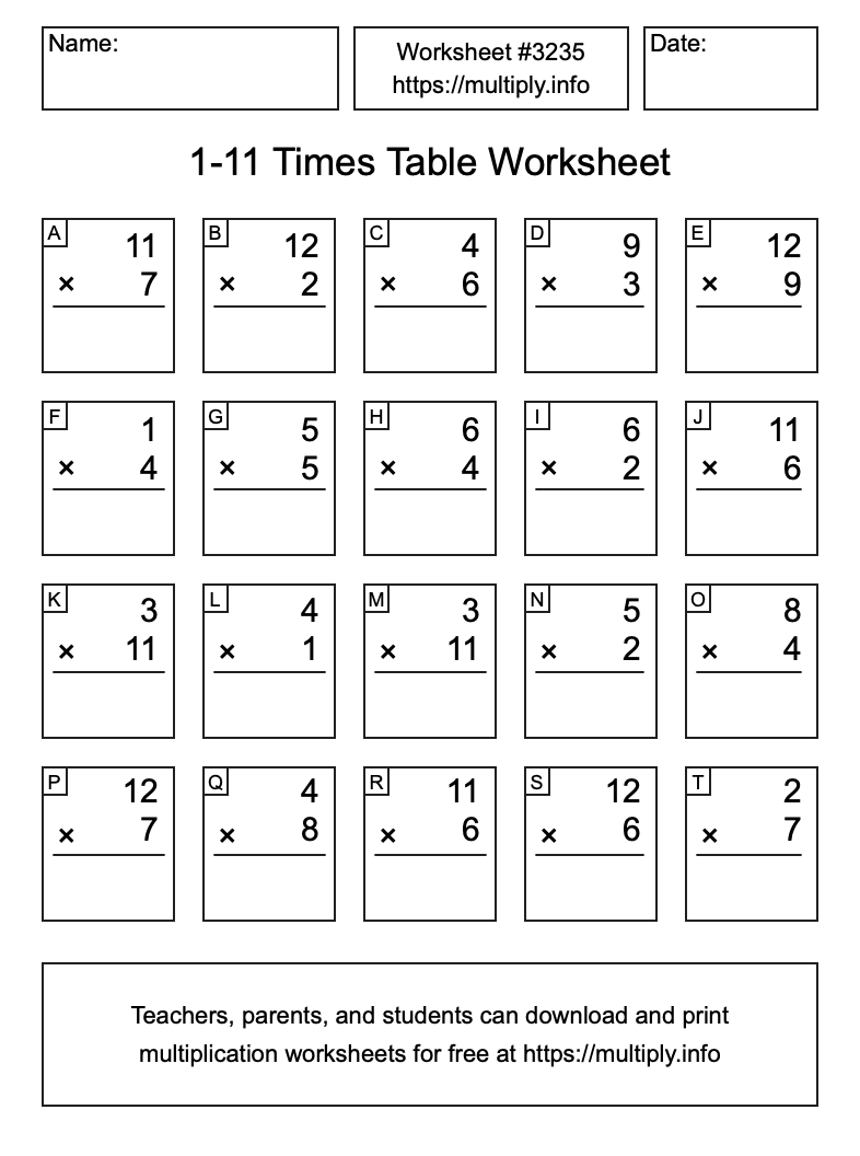 1 to 11 Times Table Worksheet #3235